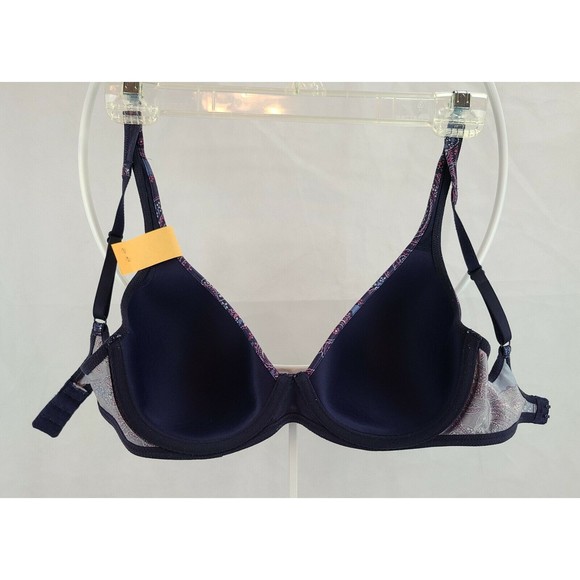 34D Navy Blue and Pink Floral Paisley Lightly Padded Underwire Demi Bra - Picture 4 of 5